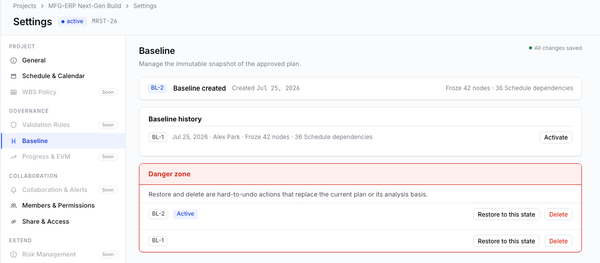 The Baseline tab in Settings — BL-2 sits as the active card, Baseline history retains BL-1, and a Danger zone below lists BL-2 and BL-1, each with a 'Restore to this state' and 'Delete' button